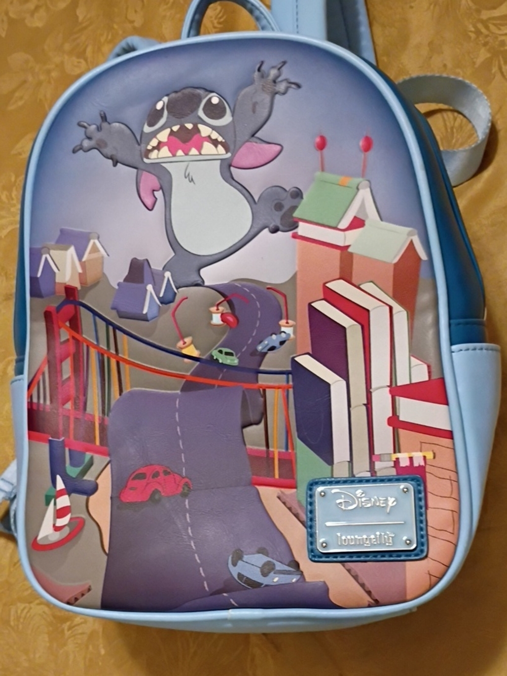 Disney " Loungefly" Back Pack Stitch And City/Vehicle Small Cars And Roadway